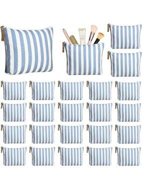 24 Pcs Blue Striped Makeup Bags Set - Travel Cosmetic Organizers for Women
